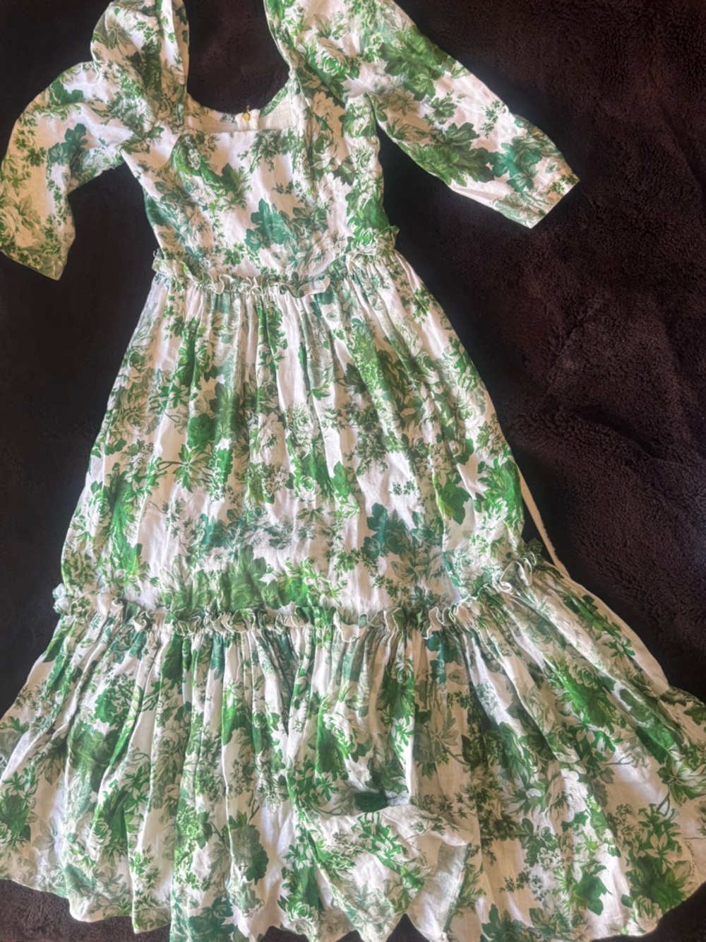 Cara Cara White Maxi Dress with Green Floral Pattern and Puff Sleeves